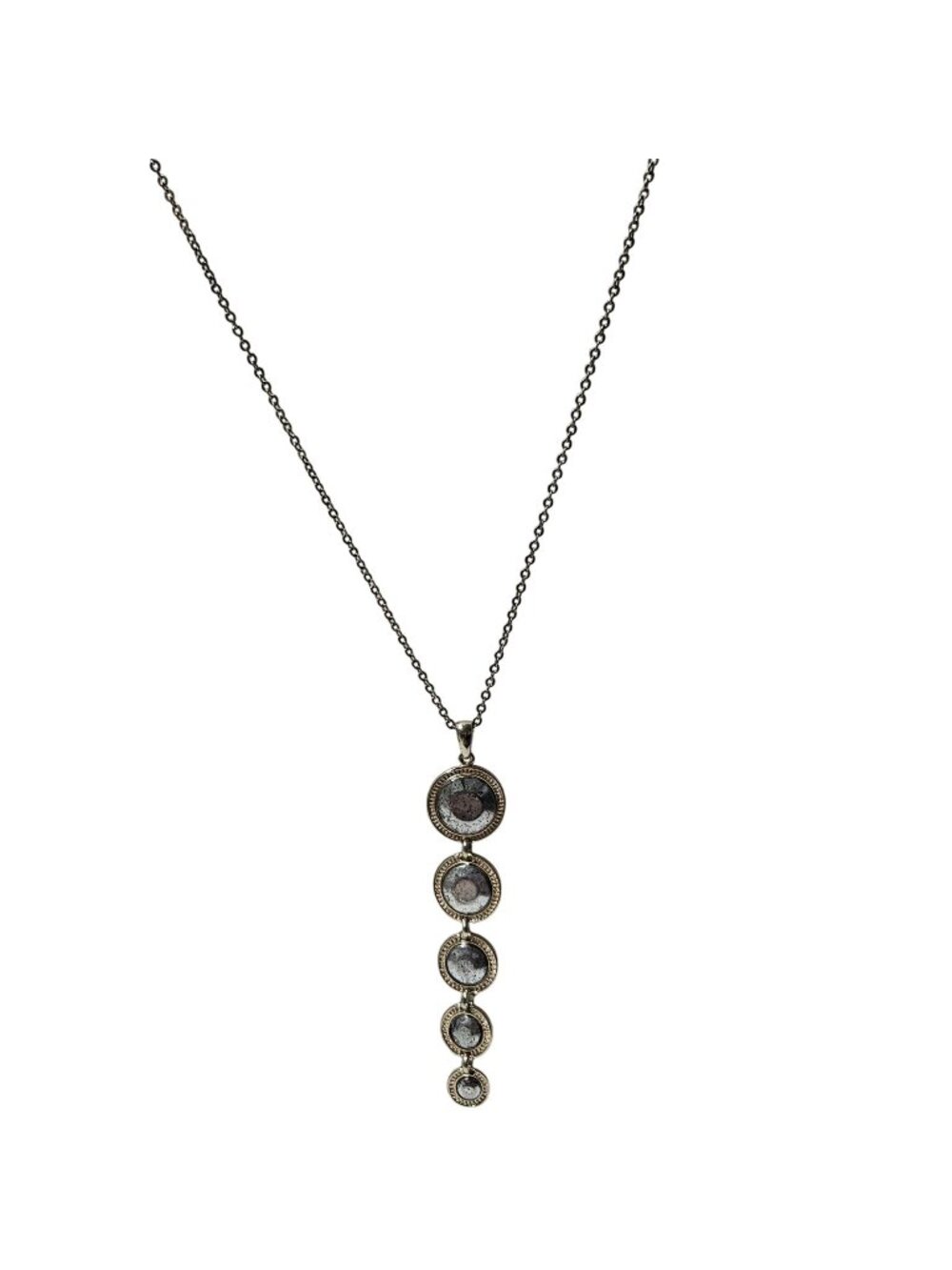 Elegant Pendant Necklace Five Round Resin Pendants Long Silver Tone Statement
